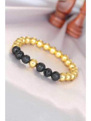 ® Lav Doğal Taş Detaylı Hematit Gold Renk Erkek Bileklik