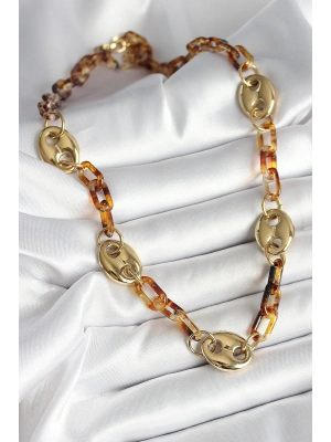 ® Leopar Desenli Mika Gold Renk Zincir Kadın Kolye