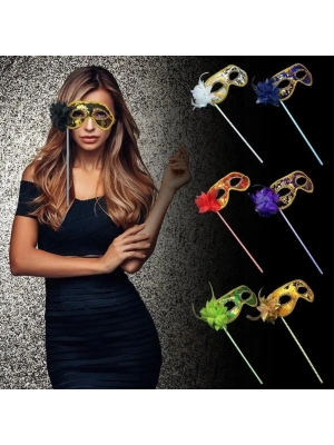 Lüks Taşlı Saplı Maskeli Balo Maskesi Mor Renk 35 cm