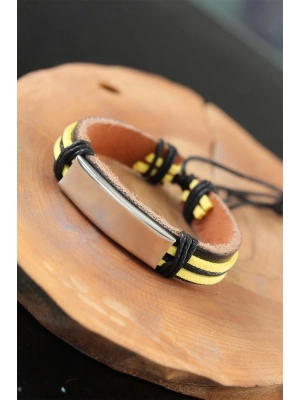 ® Metal Aksesuarlı Sarı Siyah Renk Deri Erkek Bileklik