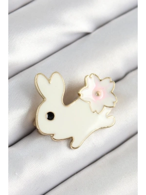 ® Mineli Çiçek Detaylı Krem Tavşan Figürlü Gold Renk Kadın Broş