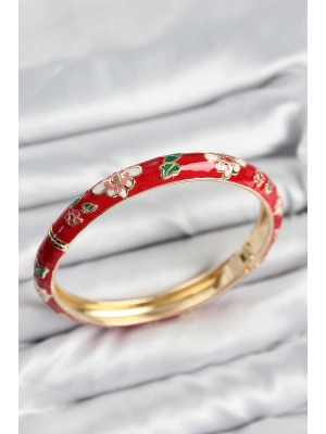 ® Mineli Pirinç Kırmızı Çiçek Motifli Gold Kadın Kelepçe