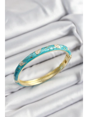 ® Mineli Pirinç Krem Ve Turkuaz Yaprak Motifli Gold Renk Kadın Kelepçe