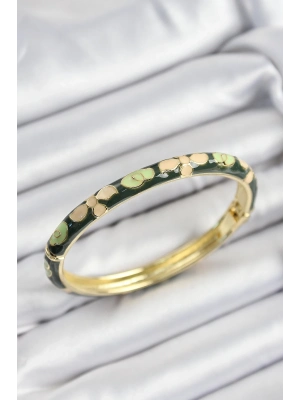 ® Mineli Pirinç Krem Ve Yeşil Çiçek Motifli Gold Renk Kadın Kelepçe