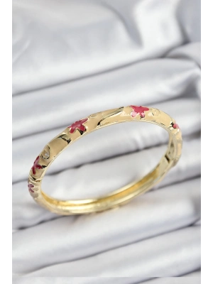 ® Mineli Pirinç Pembe Ve Krem Çiçek Motifli Gold Renk Kadın Kelepçe