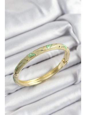 ® Mineli Pirinç Yeşil Yaprak Motifli Gold Renk Kadın Kelepçe