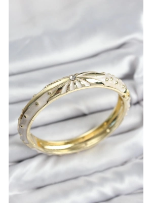 ® Mineli Pirinç Zirkon Taşlı Bej Desen Motifli Gold Kadın Kelepçe