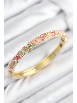 ® Mineli Pirinç Zirkon Taşlı Pembe Çiçek Motifli Gold Kadın Kelepçe