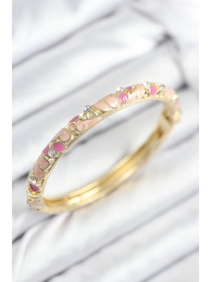 ® Mineli Pirinç Zirkon Taşlı Pembe Çiçek Motifli Gold Kadın Kelepçe