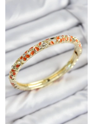 ® Mineli Pirinç Zirkon Taşlı Turuncu Çiçek Motifli Gold Kadın Kelepçe