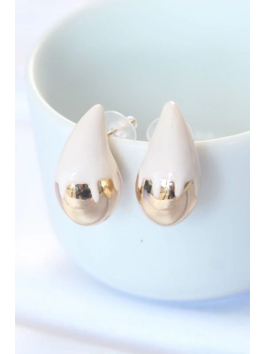 ® Minimal Beyaz Mineli Çift Renk Damla Küpe