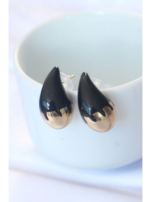 ® Minimal Siyah Mineli Çift Renk Damla Küpe