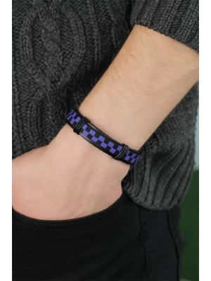 ® Mor Renk Damalı Deri Erkek Bileklik