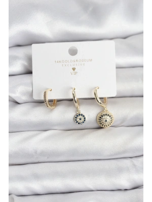 ® Nazar Model Gold Renk Pirinç 3lü Kadın Küpe Seti