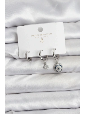 ® Nazar Model Gümüş Renk Pirinç 3lü Kadın Küpe Seti