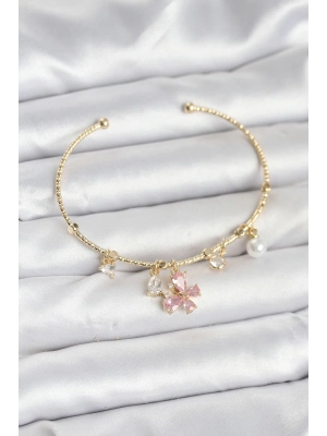 ® Pembe Kelebek Charmlı Gold Renk Kadın Bileklik