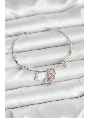 ® Pembe Kelebek Charmlı Gümüş Renk Kadın Bileklik