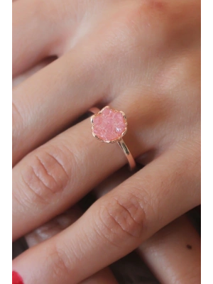 ® Pembe Lotus Çiçek Figür Gold Renk Kadın Yüzük