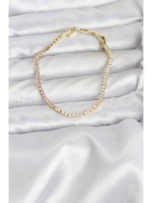 ® Pembe ve Beyaz Zirkon Taşlı Gold Renk Su Yolu Kadın Bileklik