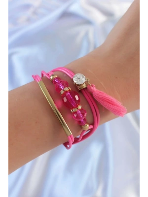 ® Pembe Zirkon Taşlı İpli Püskül Detay Çoklu Bileklik