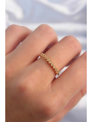 ® Pirinç Altın Renk Minimal Sıralı Zirkon Taşlı Ayarlanabilir Yüzük