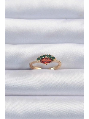 ® Pirinç Altın Renk Renkli Zirkon Taşlı Ayarlanabilir Karpuz Model Yüzük