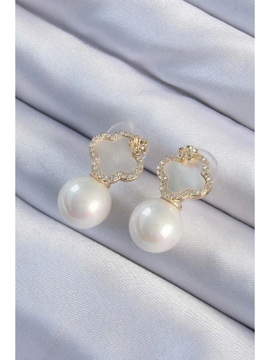 ® Pirinç Altın Renk Zirkon Taşlı Minimal Çiçek Tasarımlı Kadın Küpe