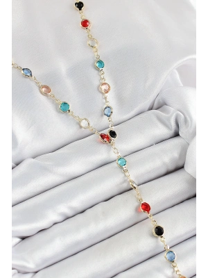 ® Pirinç Asorti Model Gold Renk Zirkon Taşlı Y Kolye