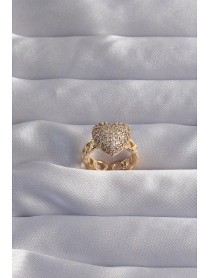 ® Pirinç Ayarlamalı Gold Renk Zirkon Taşlı Bombeli Kalp Yüzük