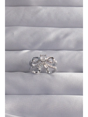 ® Pirinç Ayarlamalı Gümüş Renk Zirkon Taşlı 2li Görünüm Fiyonk Yüzük