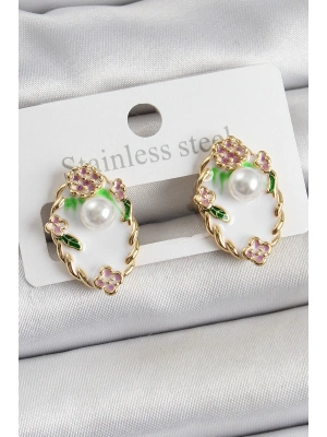 ® Pirinç Beyaz Mineli İnci Detaylı Sanatsal Portre Model Gold Renk Kadın Küpe