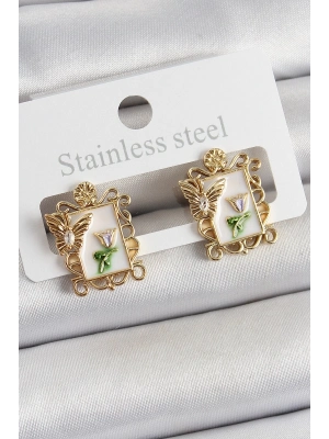 ® Pirinç Beyaz Mineli Sanatsal Portre Model Gold Renk Kadın Küpe