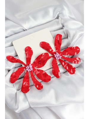 ® Pirinç Büyük Kırmızı Çiçek Model Kadın Küpe