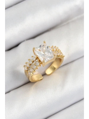 ® Pirinç  Büyük Zirkon Taşlı Model Gold Renk Kadın Yüzük