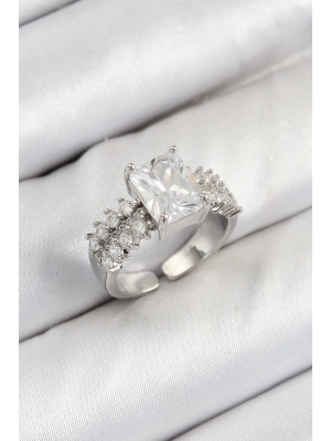 ® Pirinç  Büyük Zirkon Taşlı Model Gümüş Renk Kadın Yüzük