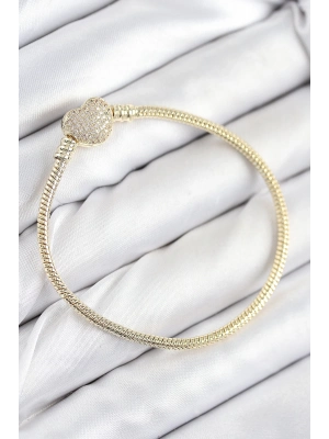 ® Pirinç Charm Zirkon Taşlı Kalp Model Gold Renk Kadın Bileklik