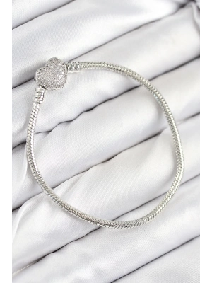 ® Pirinç Charm Zirkon Taşlı Kalp Model Gümüş Renk Kadın Bileklik