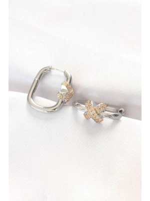 ® Pirinç Çift Renk Taşlı X Tasarımlı Dikdörtgen Küpe