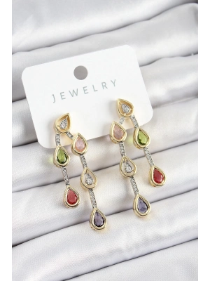 ® Pirinç Çoklu Damla Model Karşık Zirkon Taşlı Gold Ve Gümüş Renk Kadın Küpe