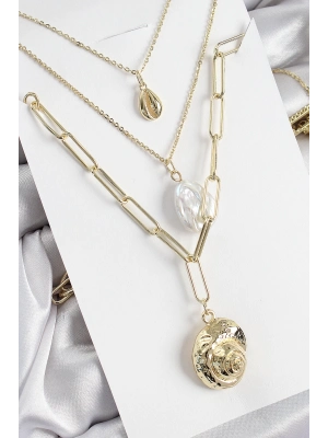 ® Pirinç Çoklu Zincirli İncili Deniz Kabuğu Model Gold Renk Kadın Kolye