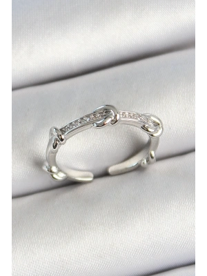 ® Pirinç Düğüm Figürlü Zirkon Taşlı Gümüş Renk Ayarlanabilir Kadın Yüzük