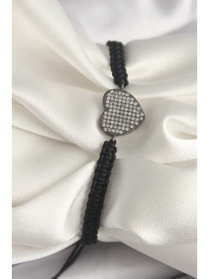 ® Pirinç Füme Renk Zirkon Taşlı Kalp Figür Asansörlü Makrome Model Kadın Bileklik