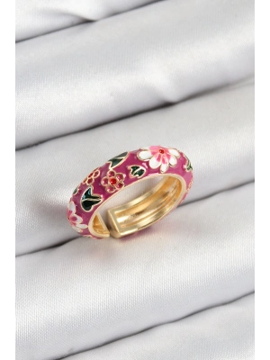 ® Pirinç Fuşya Mineli Çiçek Motifli Gold Renk Ayarlanabilir Kadın Yüzük