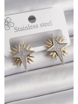 ® Pirinç Gold Gümüş Renk Zirkon Taşlı Kutup Yılıdız Model Kadın Küpe