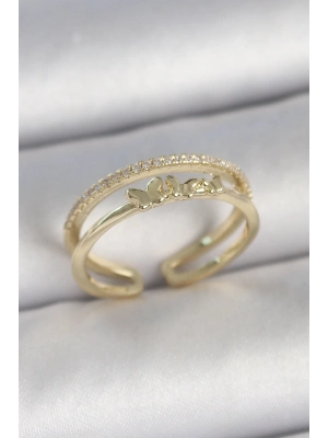 ® Pirinç Gold Renk 2Li Sıra Zirkon Taş Detaylı Kelebek Figürlü Ayarlanabilir Model Kadın Yüzük