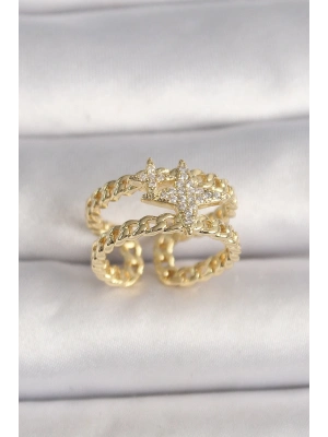 ® Pirinç Gold Renk 2Li Zincir Zirkon Taşlı Yıldız Figür Kadın Yüzük