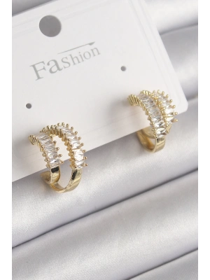 ® Pirinç Gold Renk 2Li Zirkon Taşlı Halka Model Kadın Küpe