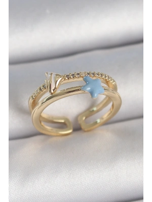 ® Pirinç Gold Renk 2Li Zirkon Taşlı Mavi Yıldız Figür Ayarlanabilir Kadın Yüzük