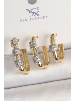 ® Pirinç Gold Renk 3Lü Halka Model Gümüş Zirkon Taş Detaylı Kadın Kombin Küpe