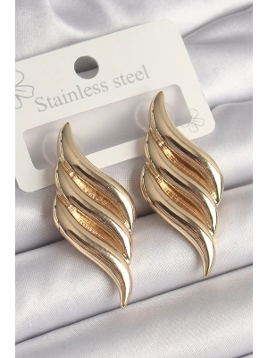 ® Pirinç Gold Renk 3 Sıra Dalga Model Kadın Küpe